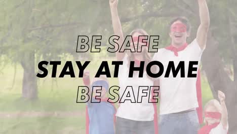 animation of stay at home text over superhero family