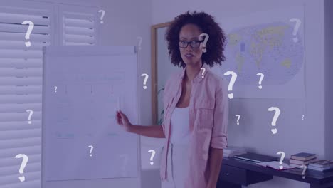 Animation-of-question-marks-over-african-american-female-teacher-pointing-at-whiteboard