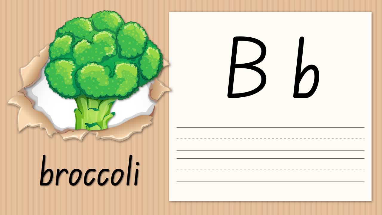 Animeret undervisningsvideo lærer bogstav B's håndskrift og stavning ved hjælp af en broccoliillustration og tekst