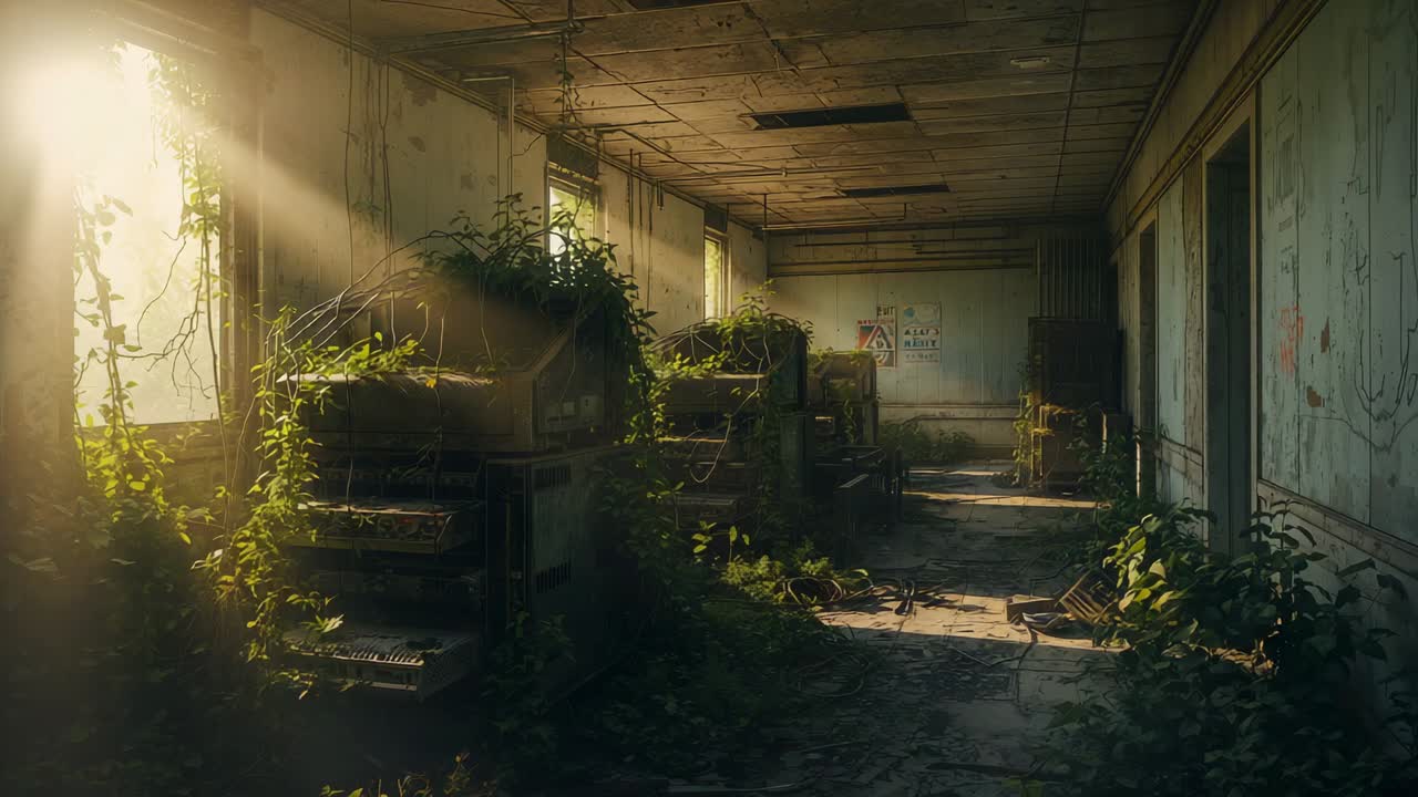 Morning light seeping through cracked window in control corridor, revealing peeling paint and vines