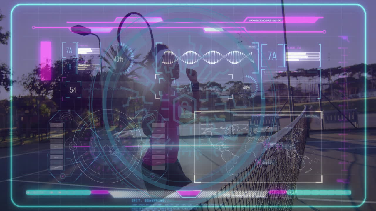 Tennis player on court with futuristic digital interface overlay animation