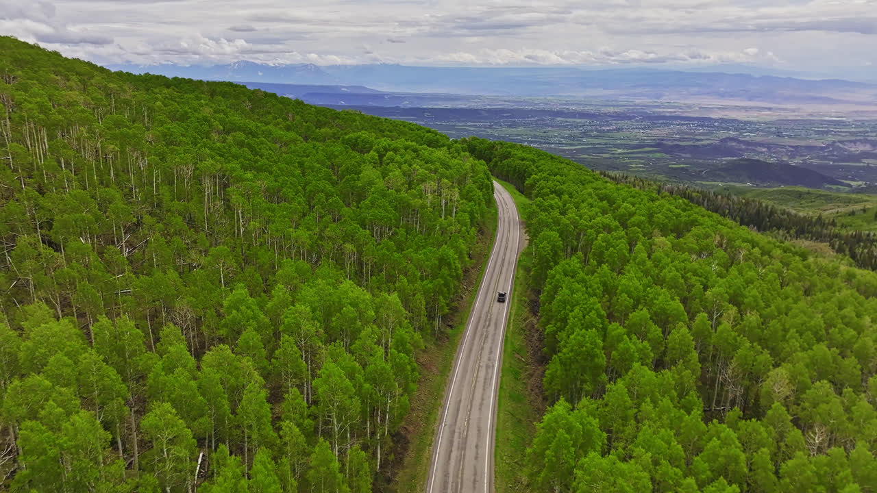 drone siguiendo un vehículo por un camino de montaña a través del bosque en grand mesa, colorado