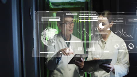 animation of digital data processing over diverse it technicians by computer servers