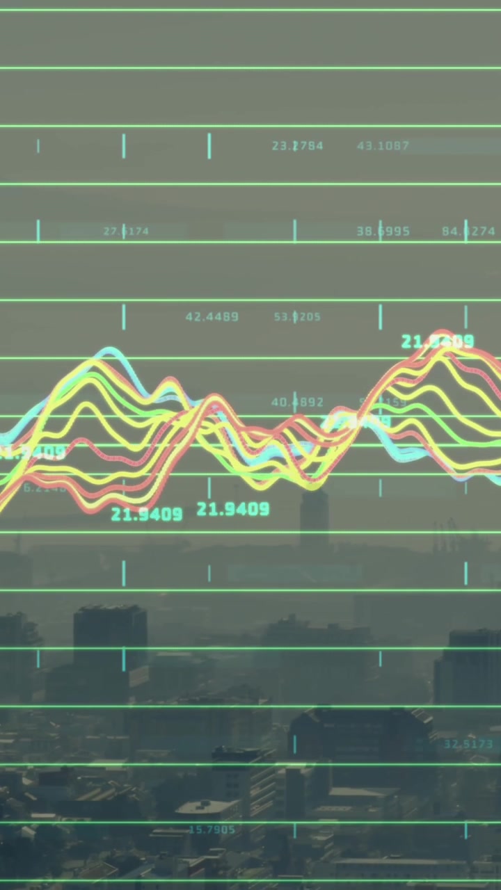 Animation of financial data processing over cityscape