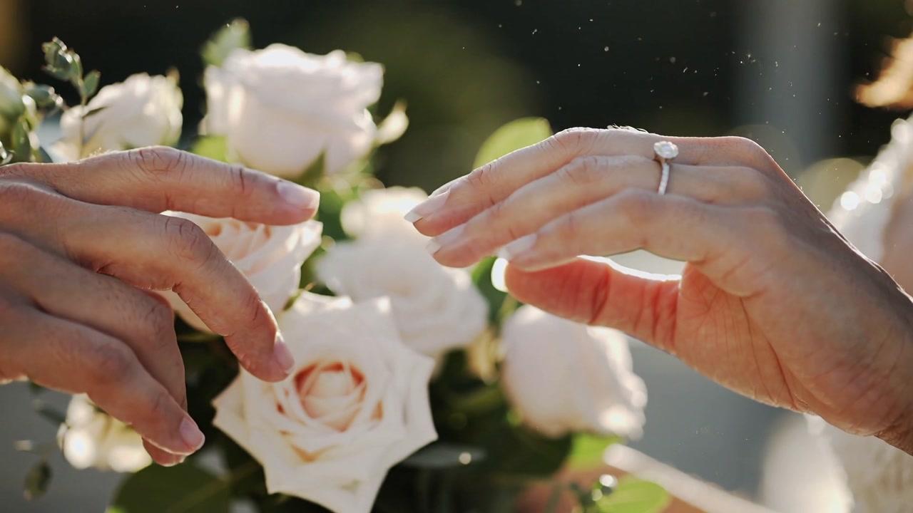Reaching two hands meeting above roses in garden, dust motes marking exchange, dress, diamond ring