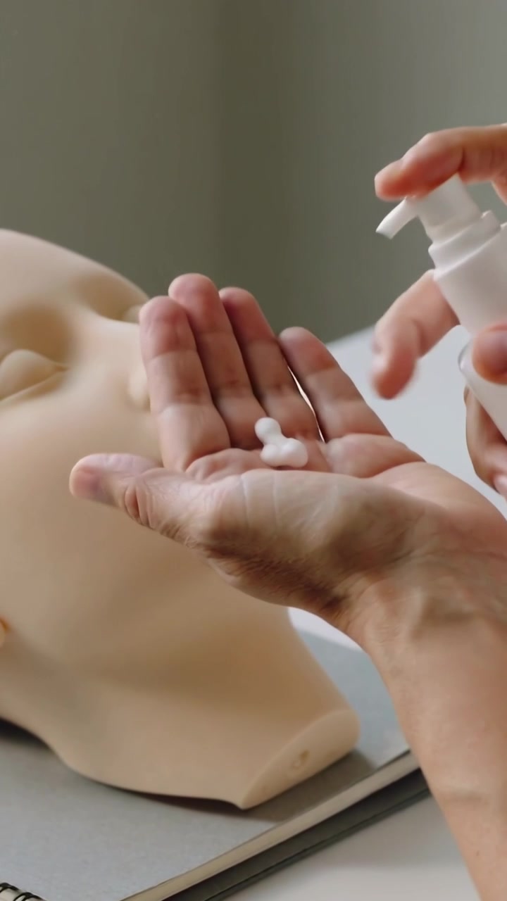 Video verticale: Mani adulte premono la pompa erogando schiuma bianca, tamponando il viso di un manichino per una dimostrazione