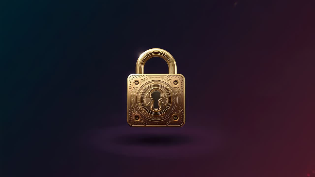 Floating ornate golden padlock bobbing at studio backdrop, animation starting, showing keyhole