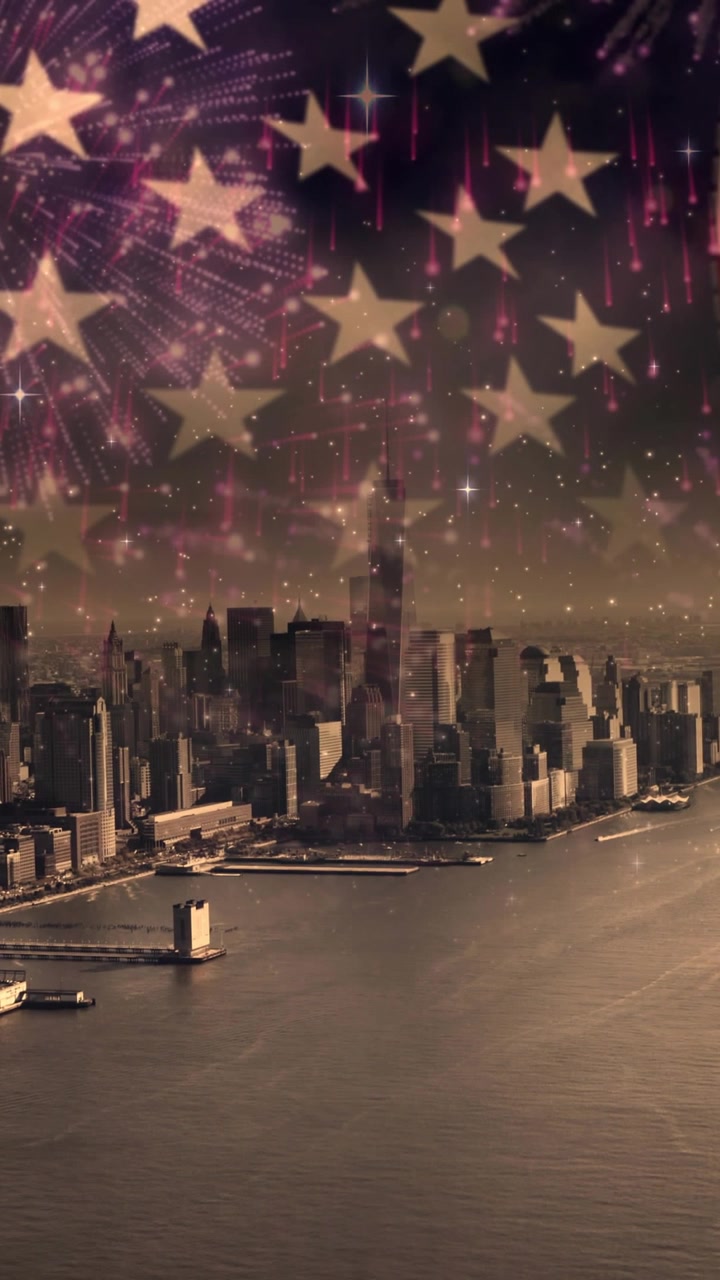 Composizione della bandiera degli Stati Uniti d'America su una foto vintage di una città americana