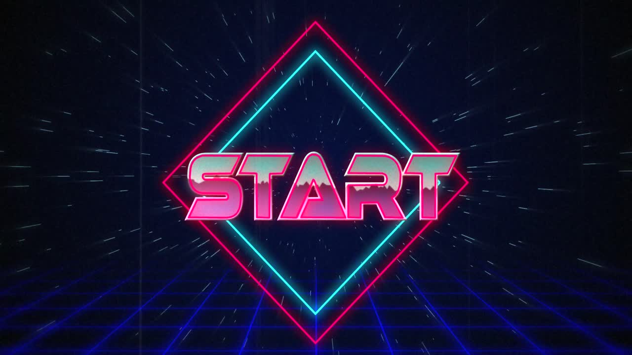 Retro Start text glitching over blue and red squares on white hyperspace effect