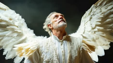 a man with white feathers on his wings