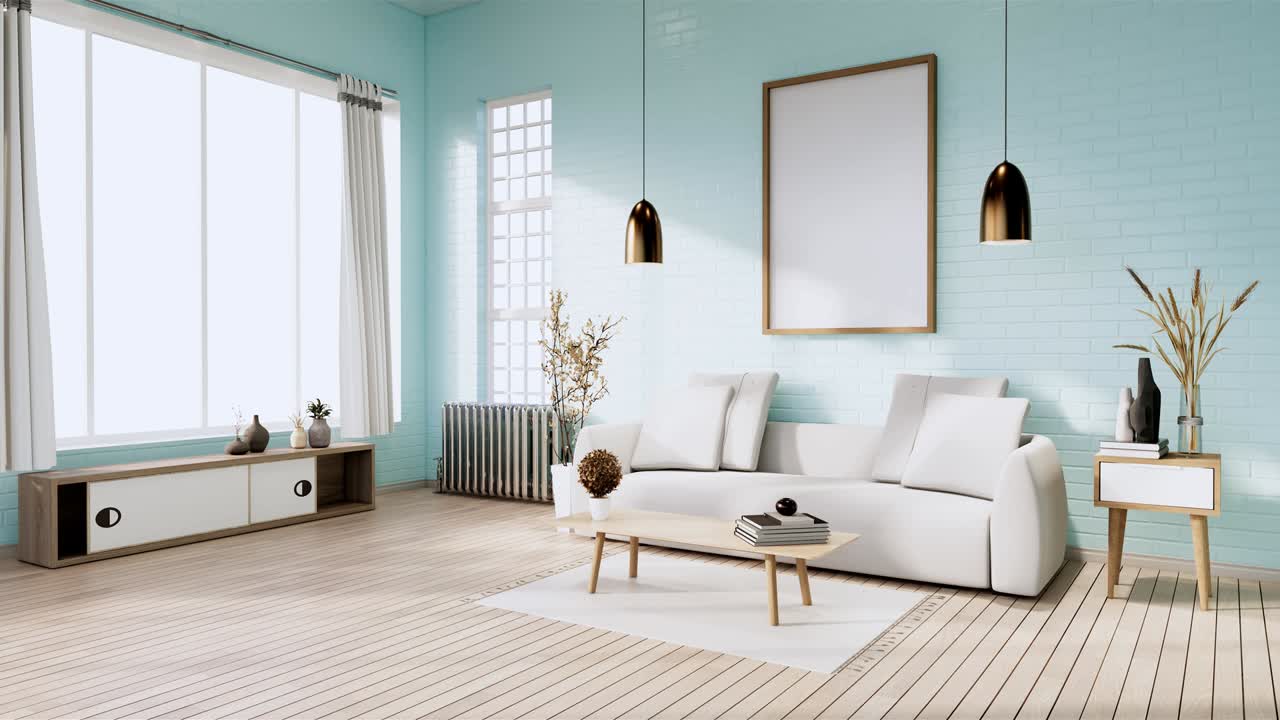 estilo loft cian con pared cian en el suelo de madera y sofá sillón en la alfombra.3d renderización