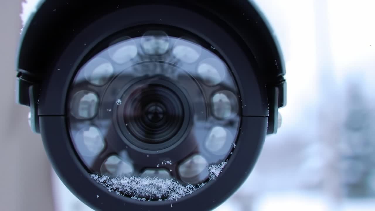 Surveillance camera shows snowfall covering the lens and surrounding environment in a quiet residential neighborhood during winter. The camera stands against a backdrop of trees and white snow.