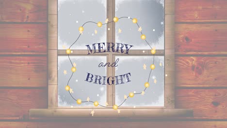 Animation-of-merry-and-bright-christmas-text-over-lights-and-winter-snowy-window