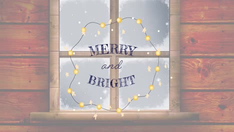 animation of merry and bright christmas text over lights and winter snowy window