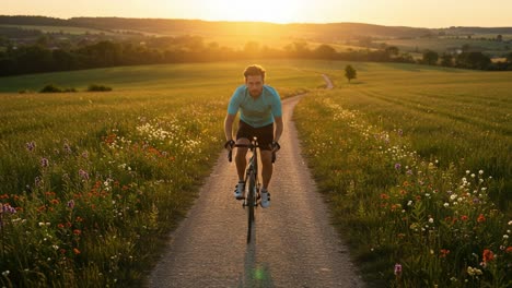 a vibrant sunset journey: embracing freedom and adventure on a scenic bicycle ride through lush green fields and colorful wildflowers.