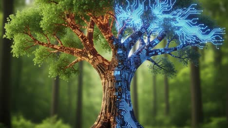 a fusion of nature and technology: a unique tree design featuring organic growth and circuit patterns in a lush green forest setting