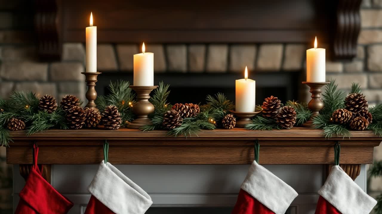 Christmas Fireplace Mantel with Lit Candles and Stockings