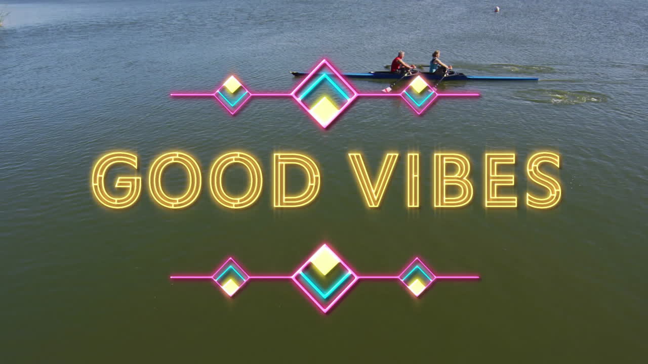 Two teammates rowing on calm lake water, displaying neon graphic overlays and fitness marketing