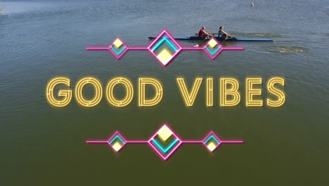 two teammates rowing on calm lake water, displaying neon graphic overlays and fitness marketing