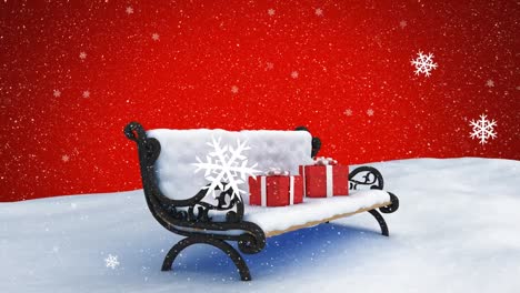 Animation-of-snow-falling-over-christmas-present-and-bench-on-red-background