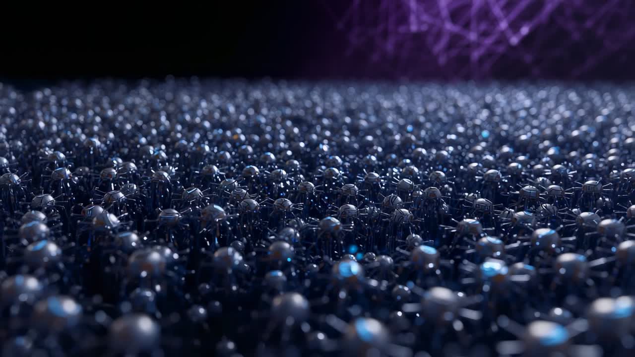 Sweeping camera showing spheres and struts, moving blue glints and purple net in studio for detail