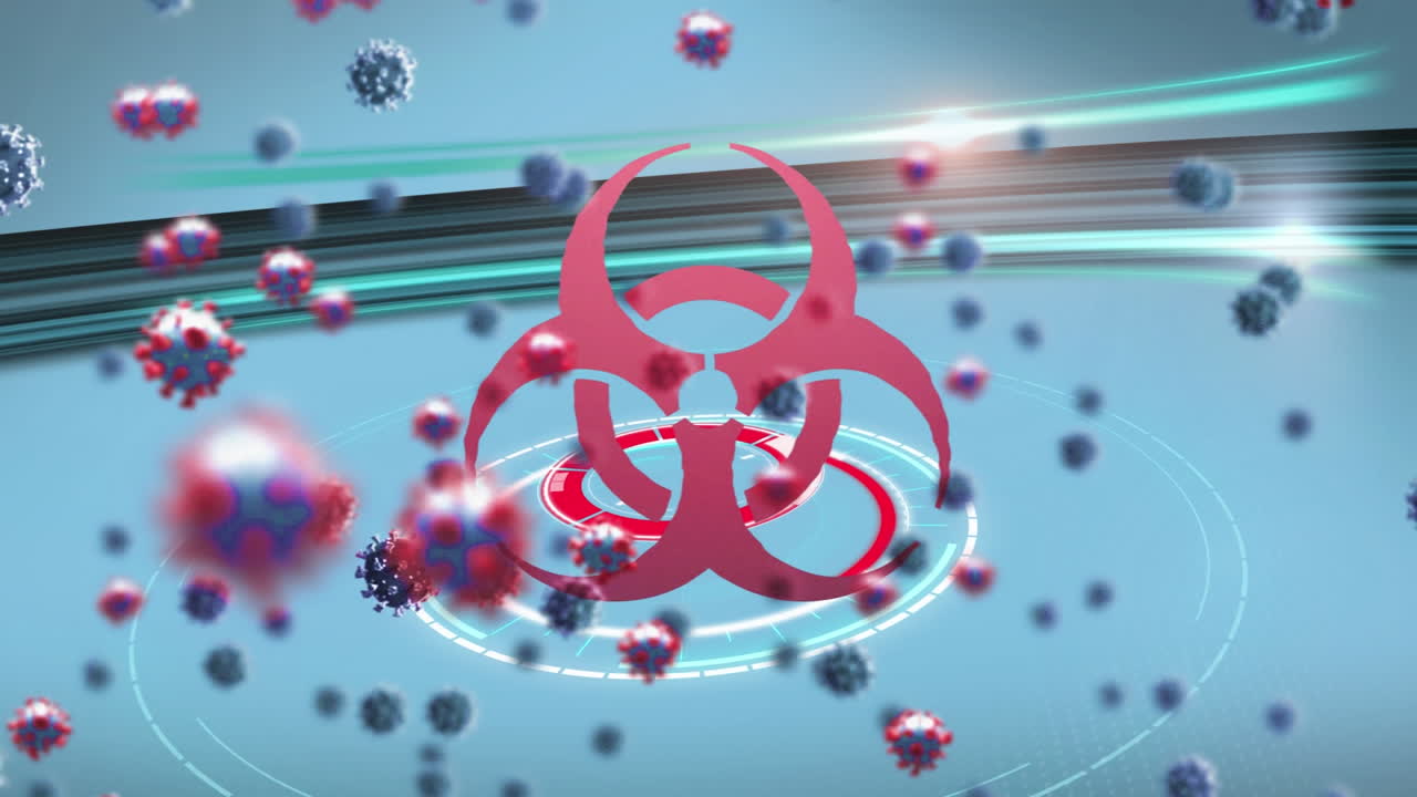 animación de las células de covid-19 volando sobre el canto de advertencia