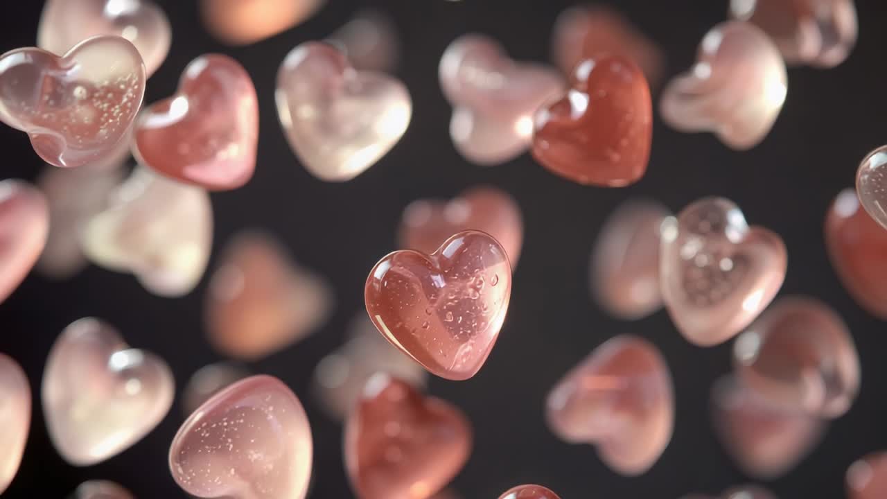 Drifting glass heart beads rotating and shifting in studio after warm light shifting, with bubbles