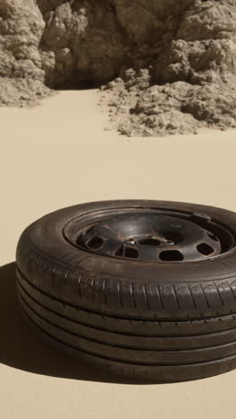 a single tire on a sandy desert landscape