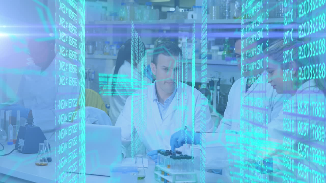 Animation of scientific data processing over diverse female and male lab workers