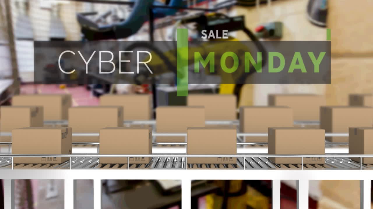 창고의 컨베이어 벨트에 있는 카드보드 상자 위의 사이버 월요일 텍스트의 애니메이션