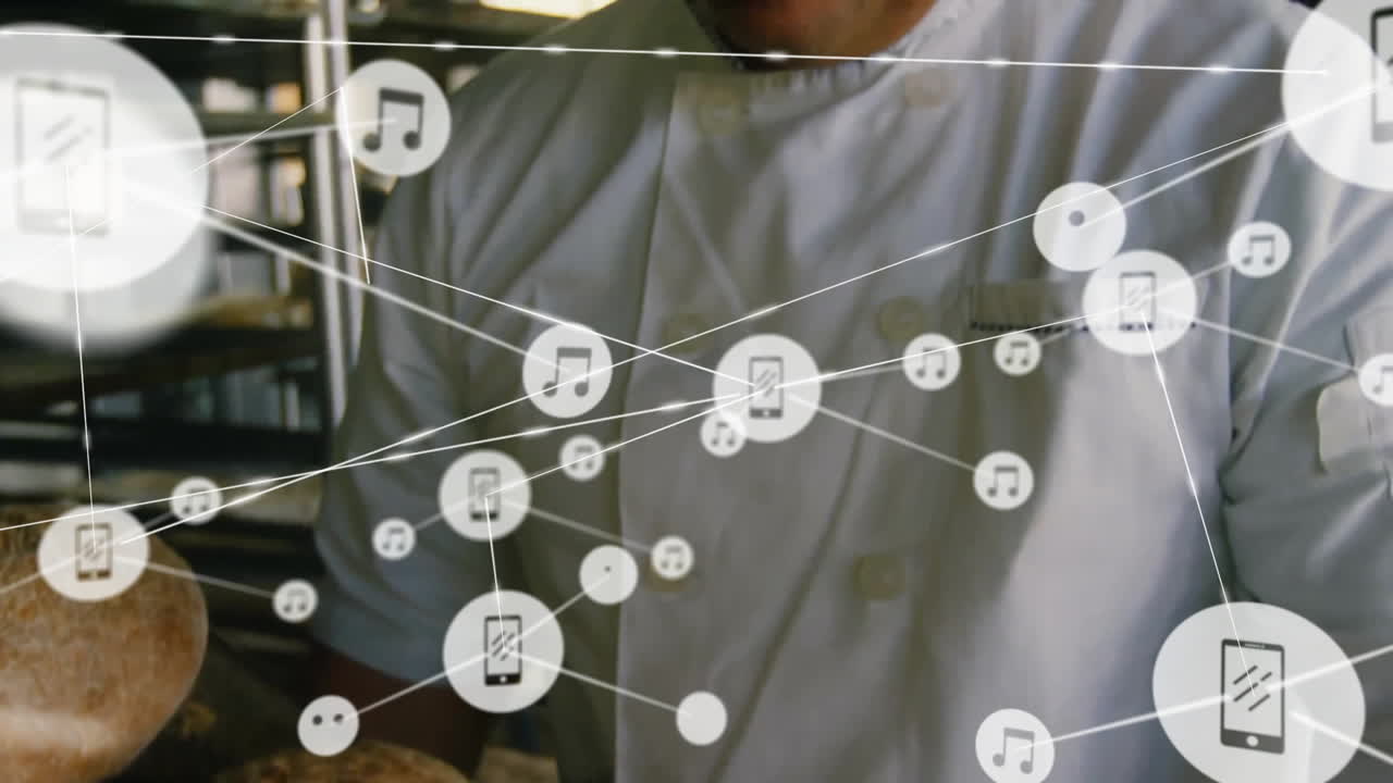 animación de la red de conexiones con iconos sobre panadero caucásico en la cocina