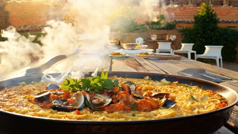 deliciosa paella de mariscos servida al aire libre