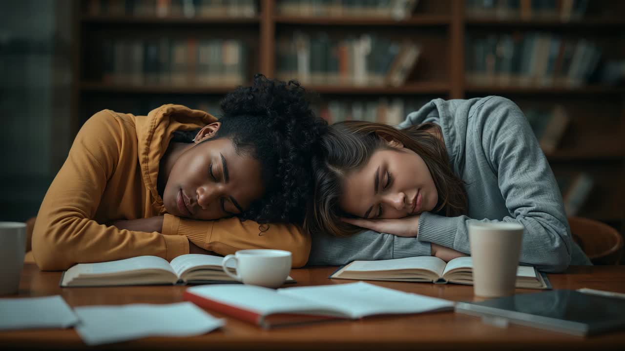 Studerende falder i søvn i hættetrøjer og læner hovedet mod bøgerne efter lange studier på biblioteket, kopper i nærheden