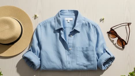 casual summer outfit display featuring light blue shirt, straw hat, and stylish sunglasses on a wooden background