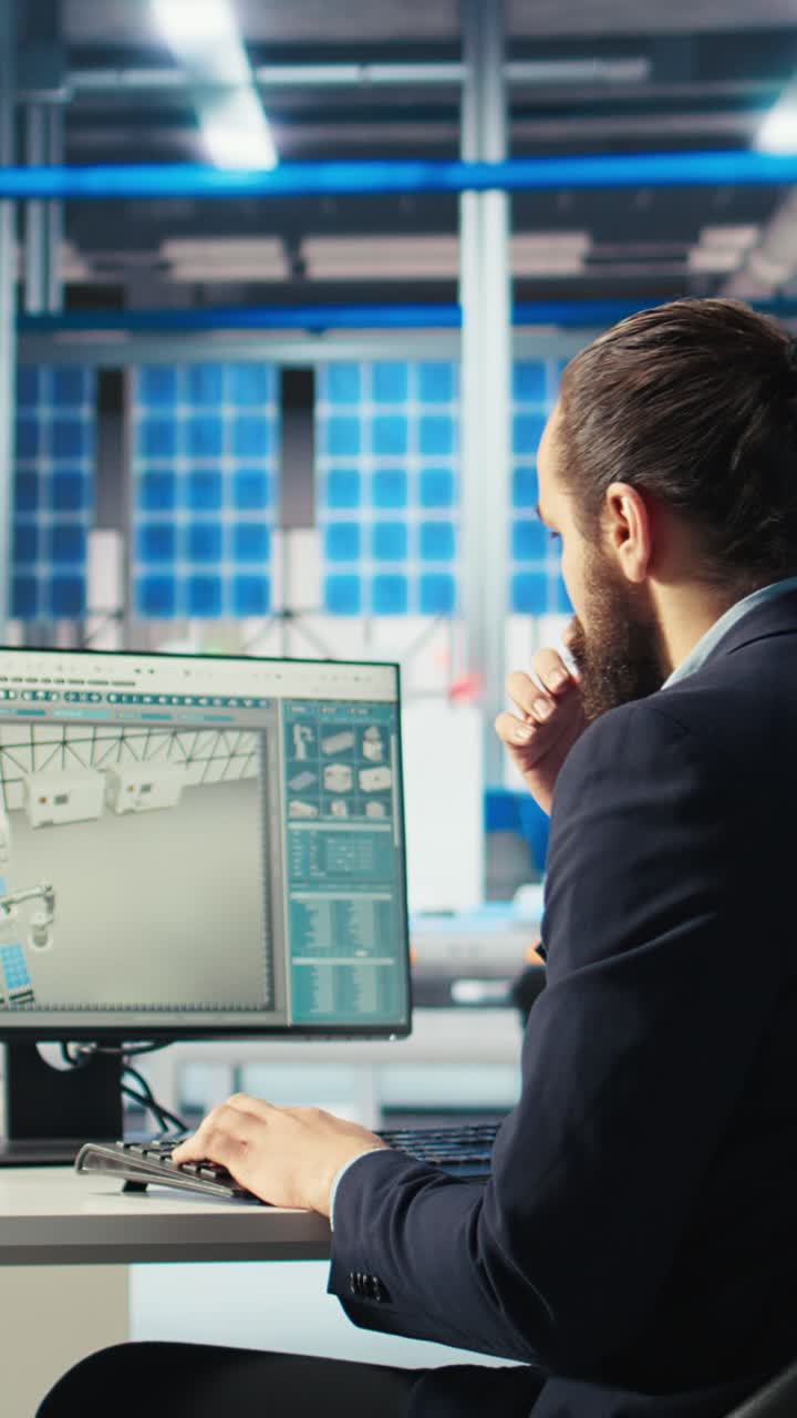 Vertical Video Solar Panels Plant Employee Troubleshooting Technical Issues At Computer Desk