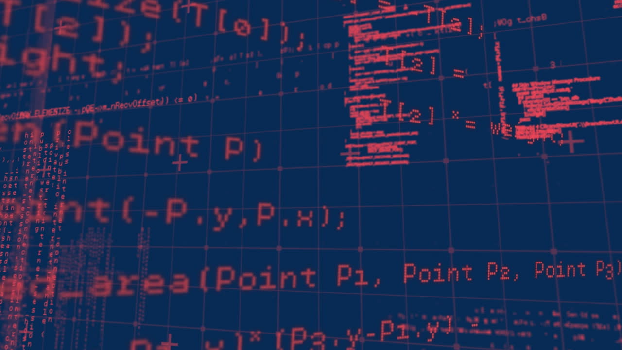 Animation of data processing over grid on blue background
