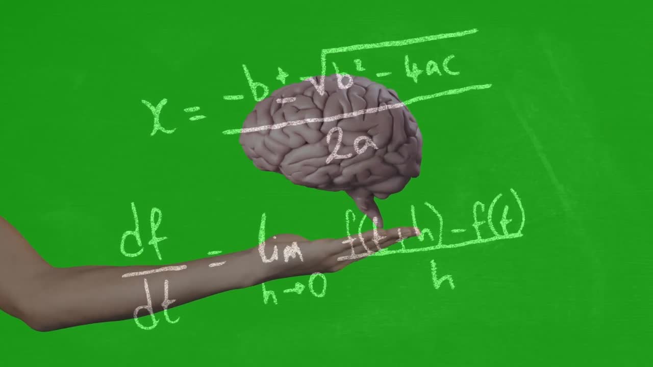 animación de cerebro giratorio y fórmulas matemáticas en fondo verde con la mano de una mujer