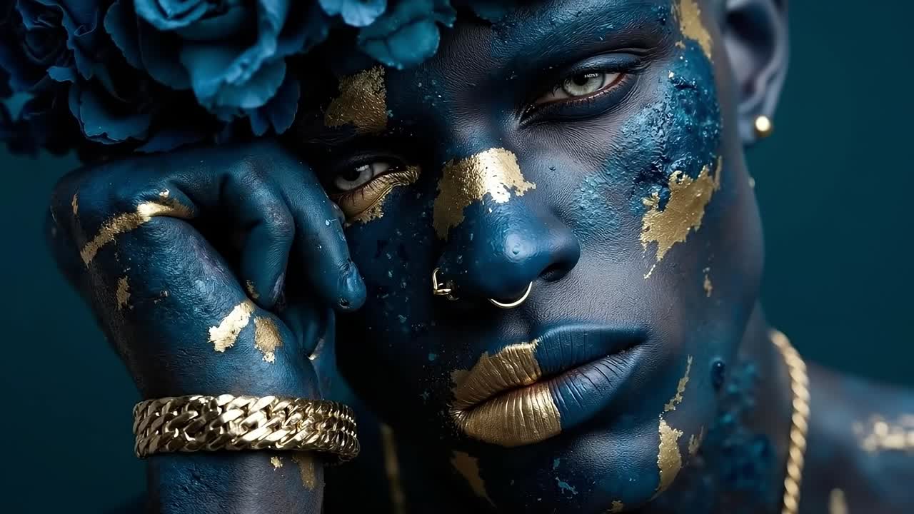A woman with blue and gold paint on her face and hands