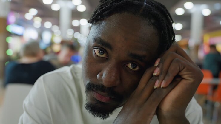 Primo piano di un giovane uomo africano seduto al chiuso nella food court affollata di un centro commerciale, con la testa appoggiata sulle mani giunte e un'espressione stanca, triste o stressata, circondato da uno sfondo sfocato di persone e luci rotonde