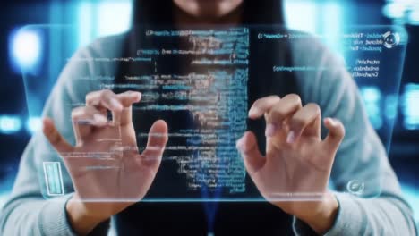 a focused programmer interacting with a transparent touchscreen display, analyzing complex code and data patterns in a high-tech environment