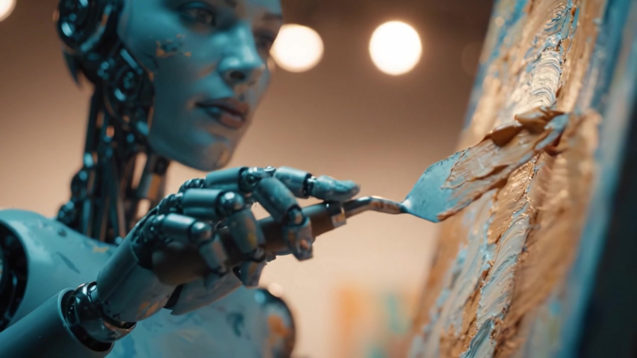A robotic artist meticulously creating a painting, illustrating the blend of technology and creativity in the field of art through innovative robotic manipulation.