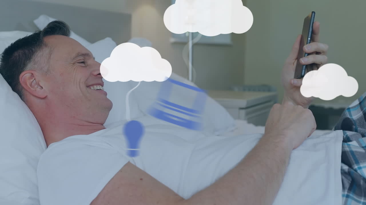 Animation of clouds and digital icons over man using smartphone