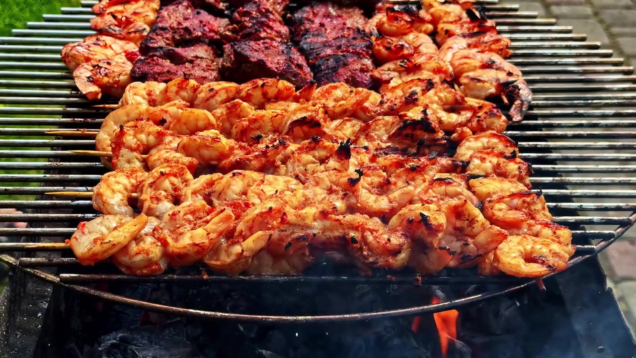 Gamberi e bistecca alla griglia cuociono su carboni ardenti su una griglia da barbecue all'aperto.