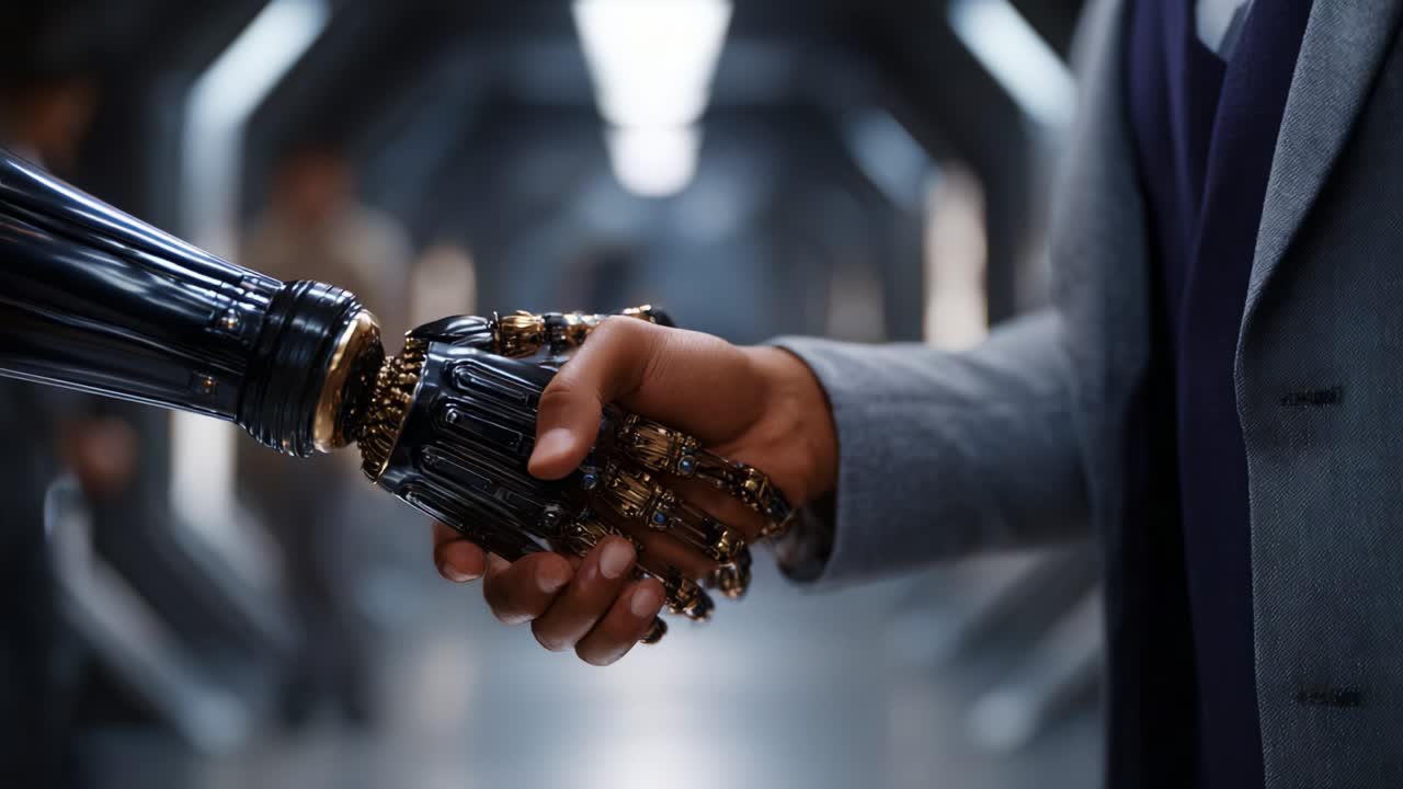 A Captivating Moment of Connection Between Human and Robot, Showcasing Advanced Technology in a Futuristic Setting, Highlighting the Union of Two Worlds Through a Handshake Depicting Trust and Collaboration