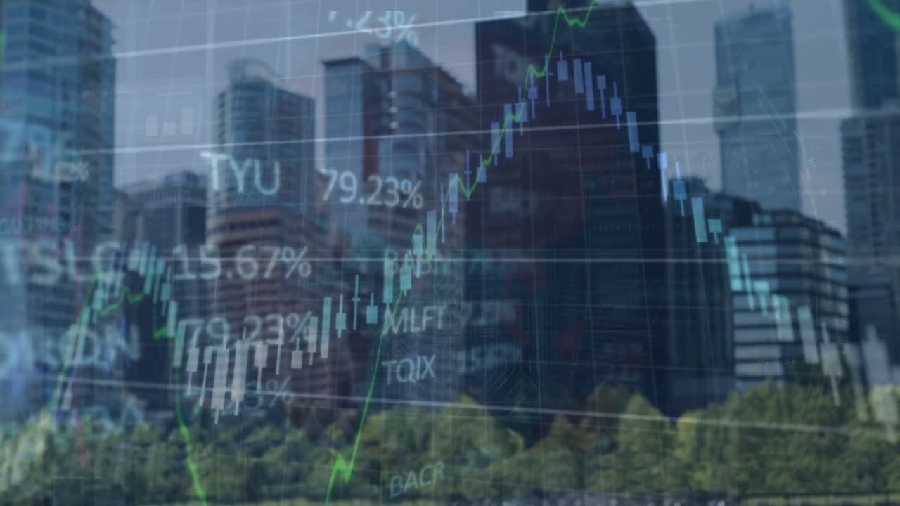 Animation of financial graphs and data over cityscape