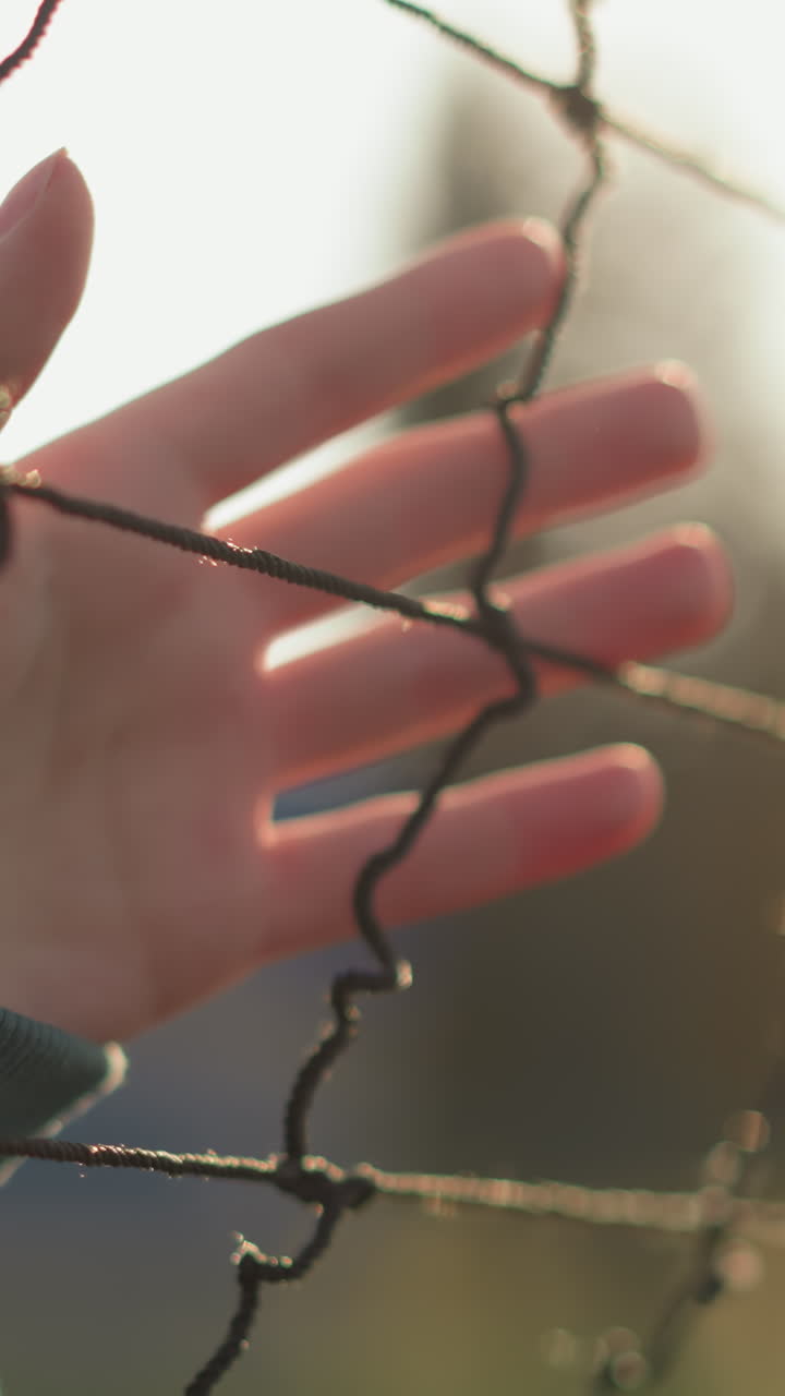 vista de cerca de la mano de una persona de manga larga verde que se desliza con la mano sobre la red de voleibol bajo los rayos dorados de la luz solar, fondo borroso con una cancha de voleobol