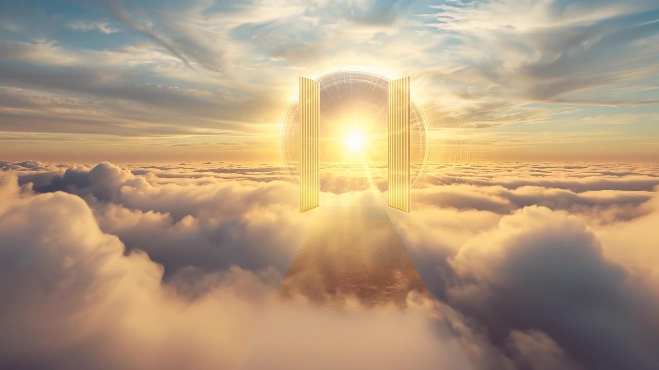 Sun brightening golden portal revealing open panels and rays carving path to gateway above clouds