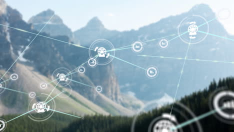 animation of network of connections with icons over landscape