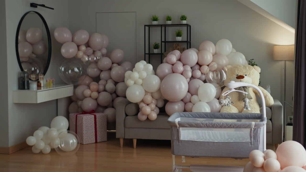 Habitación infantil decorada con globos pastel, osito de peluche, cuna y caja de regalo para celebración de baby shower