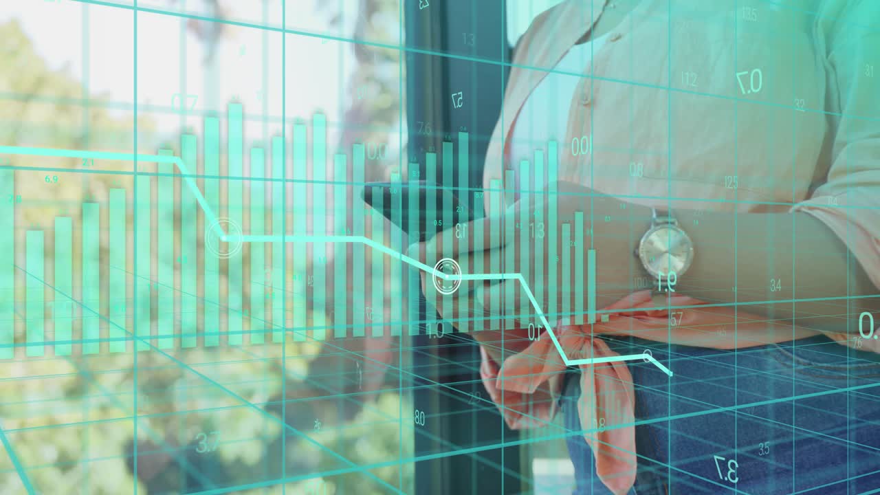 Woman tapping smartphone by glass, initiating finance grid and bars, reviewing declining metrics